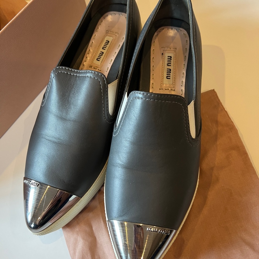 Miu Miu Dark Gray Leather platform Loafers with Silver Toe Caps